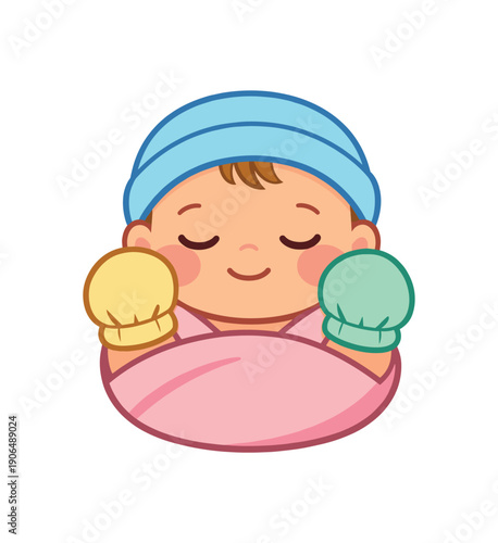 newborn wearing soft mittens to prevent scratches gentle protection clean shapes. colored flat icon vector illustration