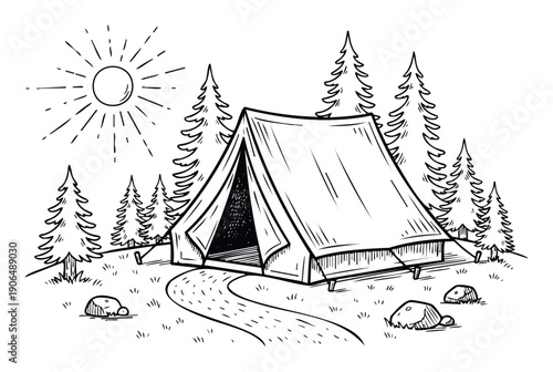 Hand drawn sketch of a camping tent in a natural forest landscape with pine trees and a sunny sky, perfect for outdoor adventure themed promotions and wilderness travel guides.