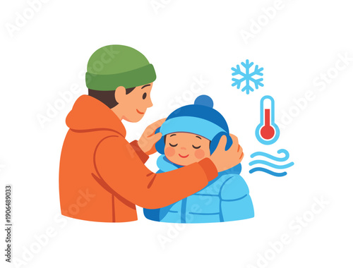 parent carefully adjusting babys hat covering ears cool weather mindful temperature care clean shapes. colored flat icon vector illustration