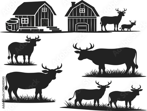 Farm Animals Silhouettes: Cows, Deer, Barns, and Rustic Scenery Vector Art