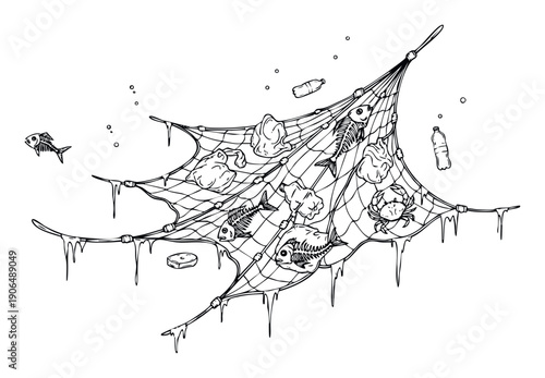 Ocean pollution problem depicted by a ghost fishing net tangled with plastic waste and skeletal fish showing marine degradation for ecological educational materials