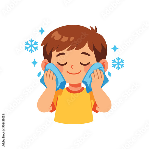 kid pressing cool cloth gently to cheeks temperature sensory reset strategy clean shapes. colored flat icon vector illustration