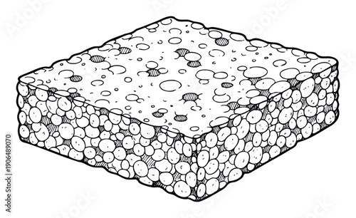 Black and white line drawing of a textured rectangular block depicting a porous material or aerated food product, suitable for educational diagrams or confectionery themes.