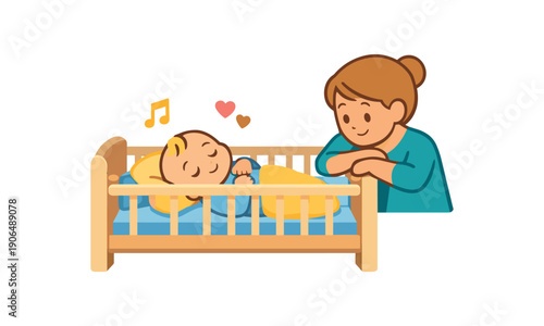 baby lying crib while parent watches quietly from side peaceful supervision clean shapes. colored flat icon vector illustration