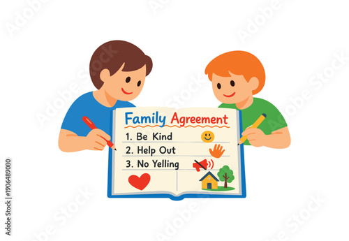 parent sitting next to child with notebook writing family agreement simple rules and pictures clean shapes. colored flat icon vector illustration