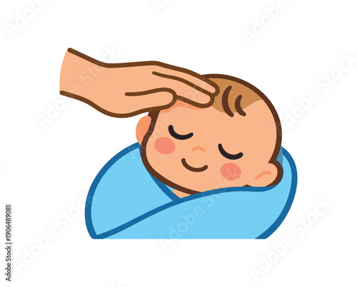 parent softly stroking babys forehead while infant rests soothing touch care clean shapes. colored flat icon vector illustration