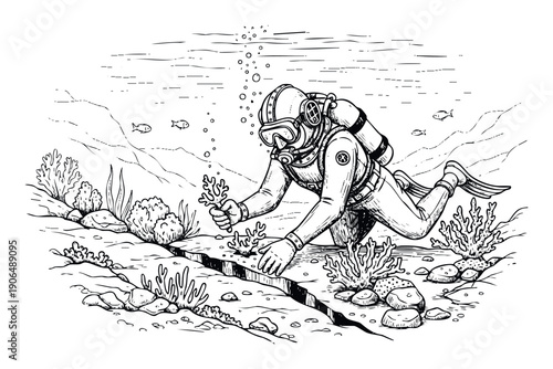 Professional scuba diver exploring a thriving underwater coral reef ecosystem filled with diverse marine life, ideal for educational content, adventure travel promotions, or environmental