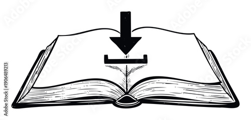 Black and white graphic of an open book symbolizing knowledge acquisition with a download icon, suitable for applications related to digital publishing, online courses, or library services.