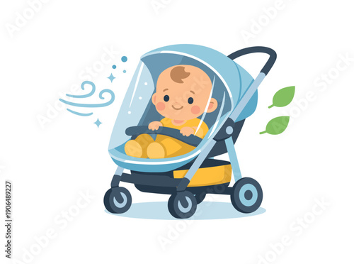 baby stroller with breathable cover protecting from wind gentle outdoor care clean shapes. colored flat icon vector illustration