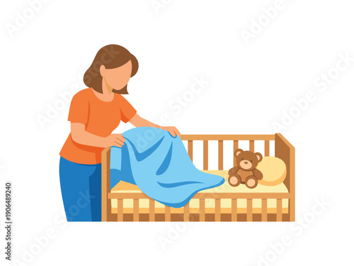 parent placing clean blanket crib preparing safe sleep space clean shapes. colored flat icon vector illustration