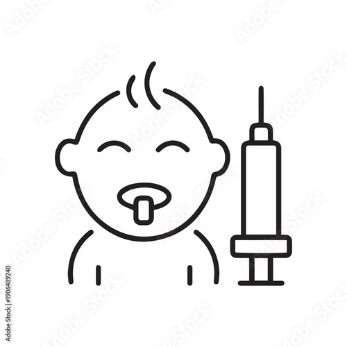 Single icon representing child or infant vaccination, shown in outline style. Editable stroke vector illustration.
