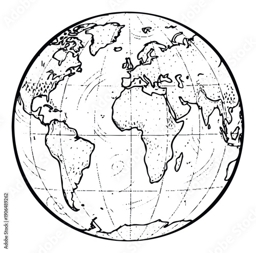 Detailed black and white world map globe with continents and grid lines is useful for educational content, travel themes, environmental awareness, or global business presentations