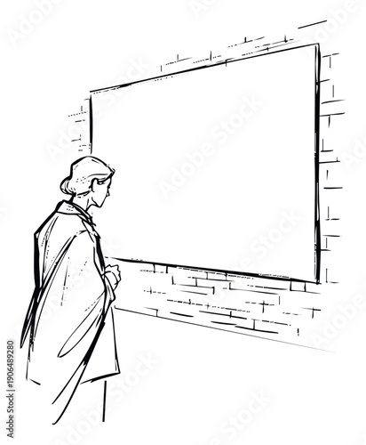Figure viewing a large blank display area on an old brick wall, ideal for presenting new information, advertisements, or visual content to an audience.