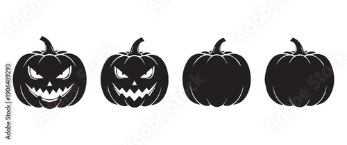 Scary Halloween Pumpkin Faces Icon Set – Black Jack O’ Lantern Monster and Skull Expressions Vector Illustration