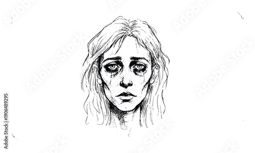 Monochromatic handdrawn portrait of a distressed woman with a sorrowful expression, perfect for emotional impact visuals, psychological themes, and expressive storytelling.