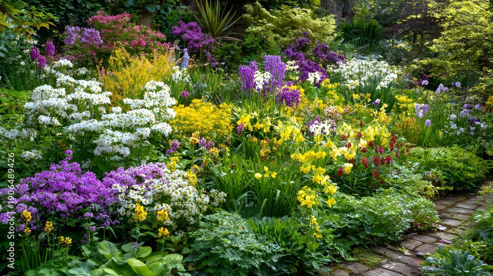 Obraz premium Vibrant English Garden with Colorful Flowers and Lush Greenery on a Sunny Day.