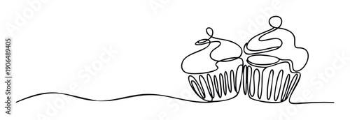 Minimalist continuous line drawing of two sweet cupcakes with frosting creating a simple graphic for bakery branding dessert menus or sweet shop promotions.
