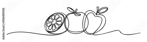 Minimalist continuous line drawing of a refreshing orange slice and two fresh apples representing healthy eating and organic lifestyle perfect for food and wellness branding