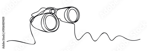 Minimalist continuous line drawing of binoculars held by a hand, symbolizing observation, discovery, and exploration, ideal for educational materials, business presentations, or modern