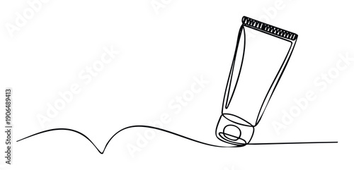 Continuous single line drawing illustrating a cream or ointment tube releasing a fluid trail, suitable for various graphic presentations, marketing materials, and print media designs.