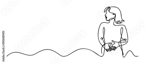 Simple single line artwork depicting a woman in profile with hands on her belly, ideal for conveying ideas of body awareness, wellness, or gentle emotions in various publications.