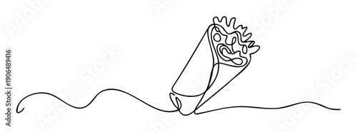 Continuous line drawing of a delicious street food burrito or shawarma wrap, perfect for fast food menu designs, culinary blog graphics, or restaurant branding concepts.