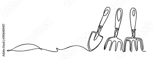 Single continuous line drawing portraying essential gardening tools such as a trowel and hand forks, ideal for promoting horticulture, outdoor activities, or ecofriendly lifestyle content.