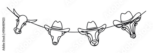 Stylized continuous line artwork featuring various farm animal heads, including cows and a donkey, adorned with cowboy hats, ideal for graphic projects, rural themed celebrations, or