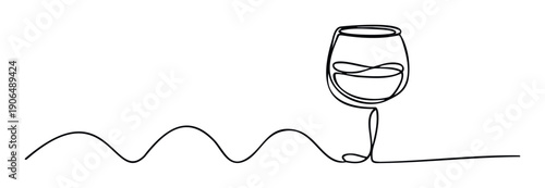 Single line drawing of a stylish wine glass and fluid abstract waves, ideal for use in elegant dining presentations, drink related social media posts, or contemporary kitchen decor.