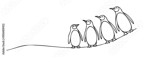 Simple continuous line drawing featuring four adorable penguins in an ascending row, ideal for conveying concepts of progress, family, or sequential development in various print and digital