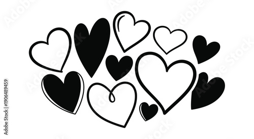 Collection of black and white heart shapes scattered on a white background