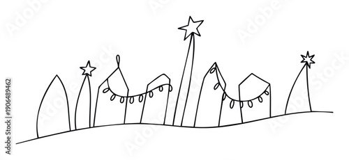 Simple black line drawing cityscape with festive startopped buildings and decorative string lights perfect for holiday greetings, winter events, seasonal branding, or childrens craft