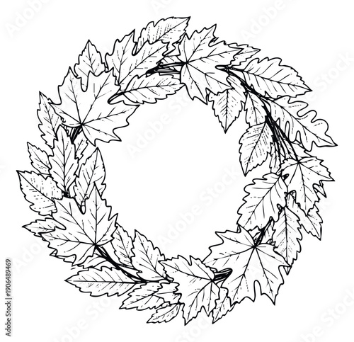 Decorative black and white hand drawn autumn leaves wreath frame perfect for seasonal greetings cards invitations posters and festive holiday decorations