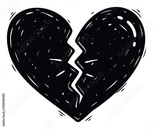Stylized black broken heart icon for symbolizing sadness, loss, grief, separation, divorce, or emotional pain for graphic projects, social media posts, or educational materials.