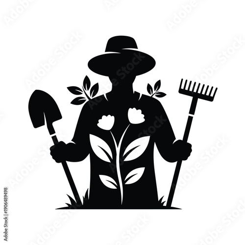 Gardener Silhouette with Tools and Flowers illustration