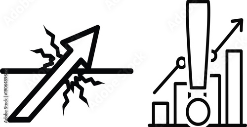 Business Growth and Crisis Icons: Arrow Up, Exclamation Mark, Graph, Crack