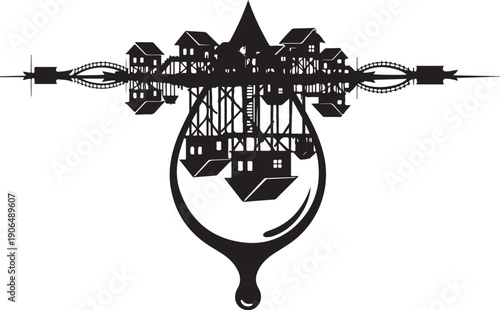 Cityscape in a teardrop shape with buildings and wires