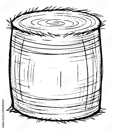 Hand drawn stylized sketch of a cylindrical hay bale with textured straw details, ideal for agriculture, farm, or harvest themed graphic content