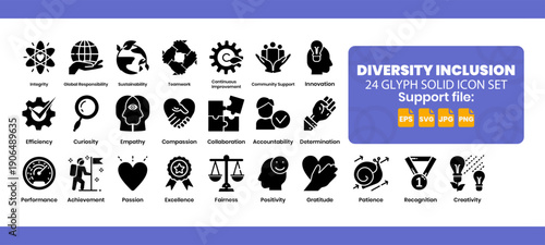 24 solid glyph icon set bundle about core values. Business concepts.