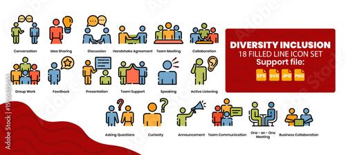 18 filled line color bundle icons set about human interaction.