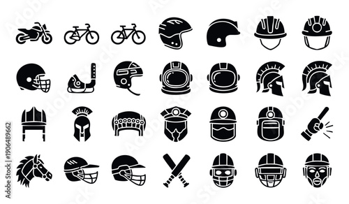 This comprehensive collection of helmet icons features various protective headgear for sports, work, and transport, including motorcycle, bicycle, football, construction, and astronaut