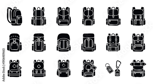 Collection of various travel and school backpack icons, essential for outdoor adventure, hiking, or educational journey themed visual content
