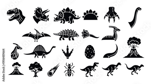 Big collection of dinosaur and prehistoric era glyph icons featuring diverse species, ancient landscapes, and geological events perfect for educational materials and captivating game