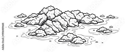 Handdrawn illustration depicting a small island or cluster of rocks surrounded by flowing water, perfect for educational materials or visual aids in natural science and geography projects.