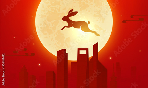 Red Chinese style Mid-Autumn blessing full moon and city horizontal illustrations