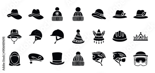 Comprehensive set of silhouette icons showcasing various types of headwear like stylish hats, protective helmets, and ceremonial caps perfect for digital interfaces and product catalogs