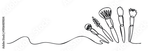 Continuous line drawing of various makeup brushes creating a minimalist beauty statement perfect for a cosmetic brand blog or salon promotional material