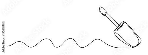 Minimalist line drawing of a mascara wand applying a wavy stroke, ideal for cosmetics advertising, beauty product displays, and makeup related graphical content.