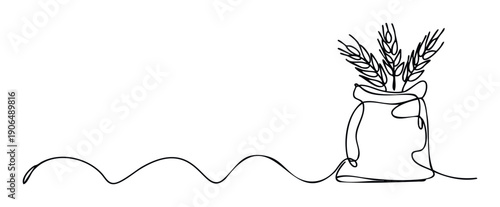 Simple continuous line art depicting a rustic hessian bag overflowing with fresh wheat stalks representing farming and grain production ideal for food packaging and agricultural promotions