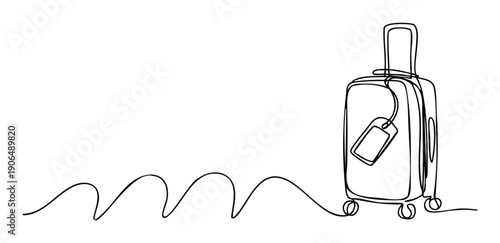 Minimalist one line drawing of a wheeled suitcase with a luggage tag, symbolizing travel and adventure, perfect for tourism marketing and vacation planning promotions.